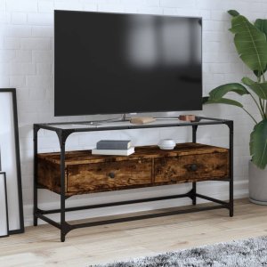 vidaXL Szafka pod TV ze szklanym blatem, przydymiony dąb, 98x35x51 cm 1