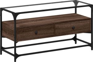 vidaXL Szafka pod TV ze szklanym blatem, brązowy dąb, 98x35x51 cm 2