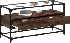 vidaXL Szafka pod TV ze szklanym blatem, brązowy dąb, 98x35x51 cm 3