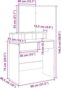 vidaXL Toaletka z lustrem, biała, 80x41x144,5 cm 9