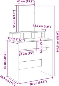 vidaXL Toaletka z lustrem, szary dąb sonoma, 80x41x144,5 cm 10