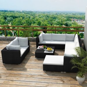 vidaXL VidaXL 10 Piece Patio Lounge Set with Cushions Poly Rattan Black 1