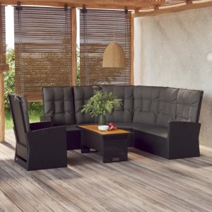 vidaXL VidaXL 3 Piece Patio Lounge Set with Cushions Black Poly Rattan 1