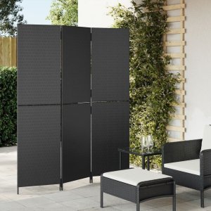 vidaXL VidaXL Room Divider 3 Panels Black Poly Rattan 1