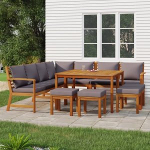 vidaXL VidaXL 11 Piece Patio Dining Set with Cushions Solid Wood Acacia 1