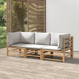 vidaXL VidaXL 3 Piece Patio Lounge Set with Light Gray Cushions Bamboo 1