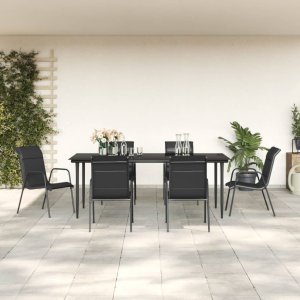 vidaXL VidaXL 7 Piece Patio Dining Set Black Steel and Textilene 1