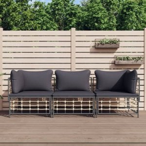 vidaXL VidaXL 3 Piece Patio Lounge Set with Cushions Anthracite Poly Rattan 1