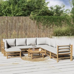 vidaXL VidaXL 9 Piece Patio Lounge Set with Light Gray Cushions Bamboo 1