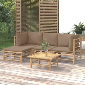 vidaXL VidaXL 5 Piece Patio Lounge Set with Taupe Cushions Bamboo 1