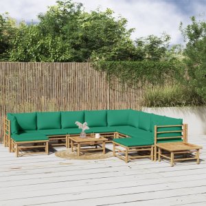 vidaXL VidaXL 12 Piece Patio Lounge Set with Green Cushions Bamboo 1