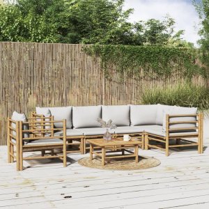 vidaXL VidaXL 7 Piece Patio Lounge Set with Light Gray Cushions Bamboo 1