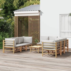 vidaXL VidaXL 9 Piece Patio Lounge Set with Light Gray Cushions Bamboo 1