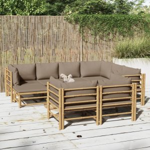 vidaXL VidaXL 10 Piece Patio Lounge Set with Taupe Cushions Bamboo 1