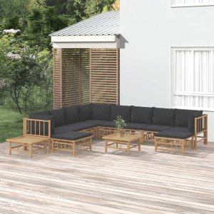 vidaXL VidaXL 12 Piece Patio Lounge Set with Dark Gray Cushions Bamboo 1