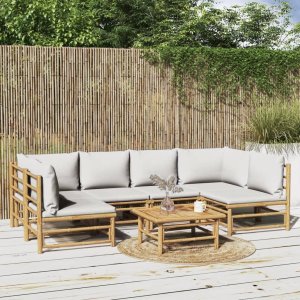 vidaXL VidaXL 7 Piece Patio Lounge Set with Light Gray Cushions Bamboo 1