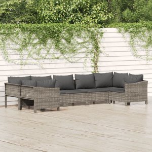 vidaXL VidaXL 7 Piece Patio Lounge Set with Cushions Gray Poly Rattan 1