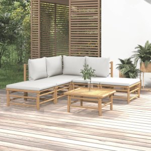 vidaXL VidaXL 6 Piece Patio Lounge Set with Light Gray Cushions Bamboo 1