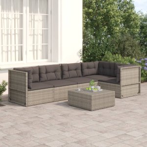 vidaXL VidaXL 5 Piece Patio Lounge Set with Cushions Gray Poly Rattan 1