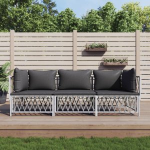 vidaXL VidaXL 3 Piece Patio Lounge Set with Cushions White Steel 1