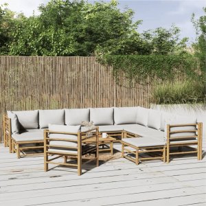 vidaXL VidaXL 12 Piece Patio Lounge Set with Light Gray Cushions Bamboo 1