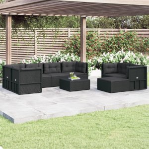 vidaXL VidaXL 8 Piece Patio Lounge Set with Cushions Black Poly Rattan 1