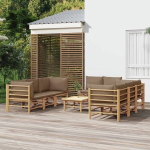 vidaXL VidaXL 9 Piece Patio Lounge Set with Taupe Cushions Bamboo 1