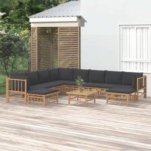 vidaXL VidaXL 11 Piece Patio Lounge Set with Dark Gray Cushions Bamboo 1