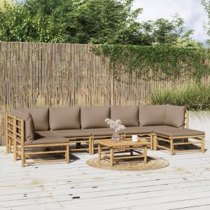 vidaXL VidaXL 8 Piece Patio Lounge Set with Taupe Cushions Bamboo 1