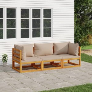 vidaXL VidaXL 3 Piece Patio Lounge Set with Taupe Cushions Solid Wood 1