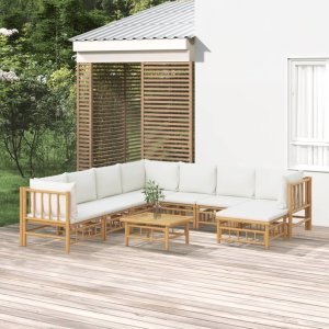 vidaXL VidaXL 9 Piece Patio Lounge Set with Cream White Cushions Bamboo 1