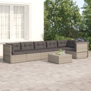 vidaXL VidaXL 6 Piece Patio Lounge Set with Cushions Gray Poly Rattan 1