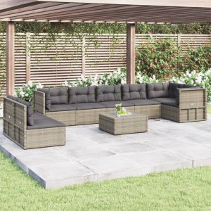 vidaXL VidaXL 8 Piece Patio Lounge Set with Cushions Gray Poly Rattan 1