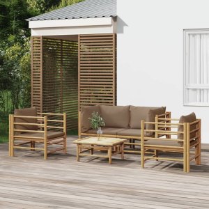 vidaXL VidaXL 5 Piece Patio Lounge Set with Taupe Cushions Bamboo 1