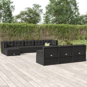 vidaXL VidaXL 11 Piece Patio Lounge Set with Cushions Black Poly Rattan 1