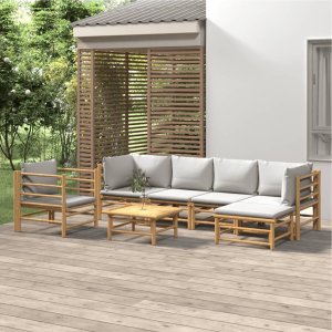 vidaXL VidaXL 7 Piece Patio Lounge Set with Light Gray Cushions Bamboo 1