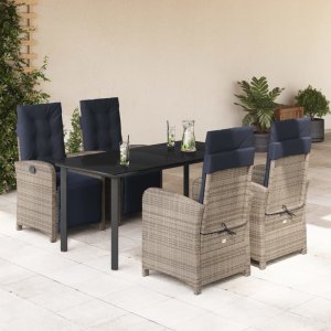 vidaXL VidaXL 5 Piece Patio Dining Set with Cushions Gray Poly Rattan 1