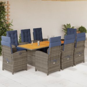 vidaXL VidaXL 9 Piece Patio Dining Set with Cushions Gray Poly Rattan 1