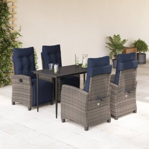 vidaXL VidaXL 5 Piece Patio Dining Set with Cushions Gray Poly Rattan 1