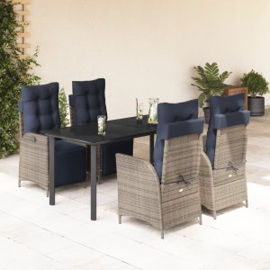 vidaXL VidaXL 5 Piece Patio Dining Set with Cushions Gray Poly Rattan 1