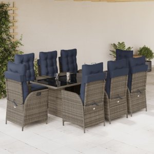 vidaXL VidaXL 9 Piece Patio Dining Set with Cushions Gray Poly Rattan 1