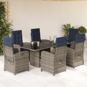 vidaXL VidaXL 7 Piece Patio Dining Set with Cushions Gray Poly Rattan 1