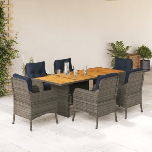 vidaXL VidaXL 7 Piece Patio Dining Set with Cushions Gray Poly Rattan 1