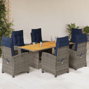 vidaXL VidaXL 7 Piece Patio Dining Set with Cushions Gray Poly Rattan 1