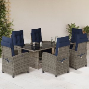 vidaXL VidaXL 7 Piece Patio Dining Set with Cushions Gray Poly Rattan 1