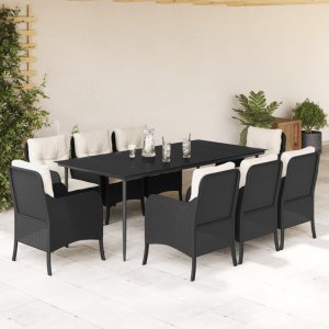 vidaXL VidaXL 9 Piece Patio Dining Set with Cushions Black Poly Rattan 1