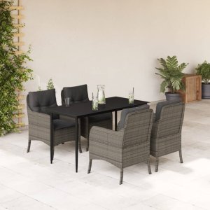 vidaXL VidaXL 5 Piece Patio Dining Set with Cushions Gray Poly Rattan 1