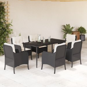 vidaXL VidaXL 7 Piece Patio Dining Set with Cushions Black Poly Rattan 1