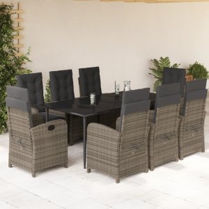 vidaXL VidaXL 9 Piece Patio Dining Set with Cushions Gray Poly Rattan 1