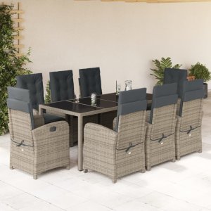 vidaXL VidaXL 9 Piece Patio Dining Set with Cushions Gray Poly Rattan 1